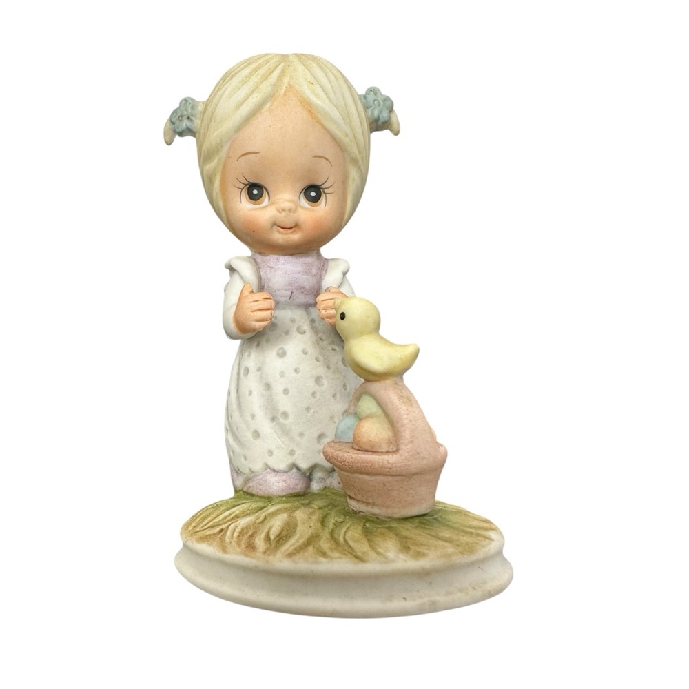 Lefton China Figurine Hand Painted Little Girl with Basket Eggs & Bird 03222